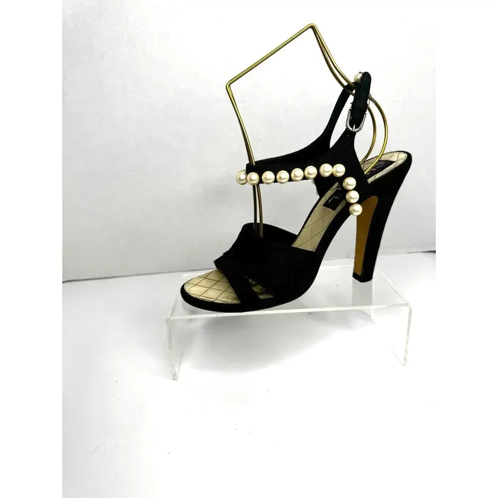 Chanel Black Grosgrain Faux Pearl Slide Sandals CC Logo EU 37.5